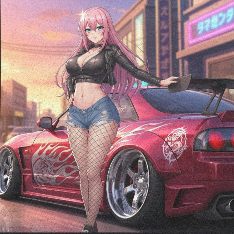Sexy anime girl with red JDM sports car